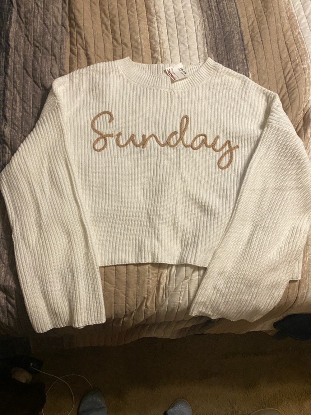 moon & madison White Crewneck Sweater with Tan 'Sunday' Script